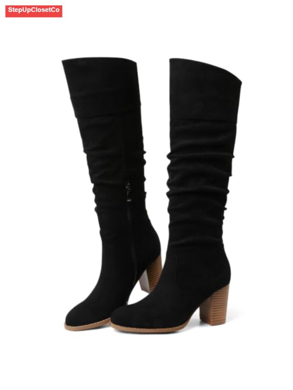 Suede Slouch Knee High Boots Chunky Heel Tall Western Boots